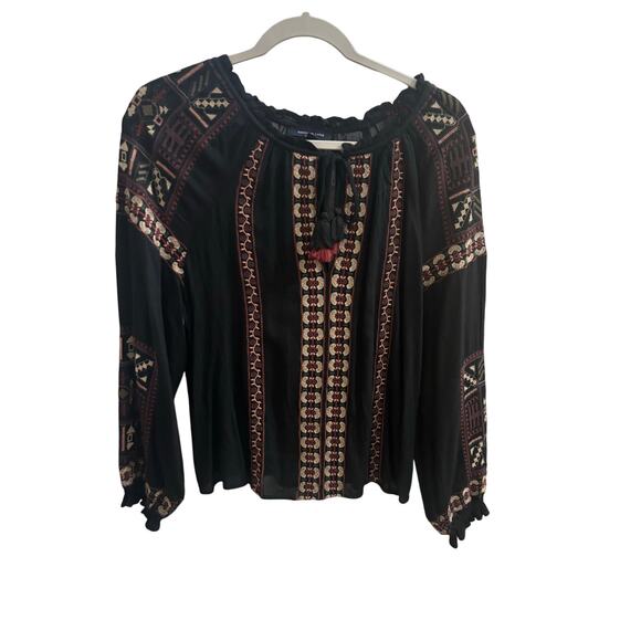 American Eagle Black Boho Embroidered Peasant Top Tassel Tie Neck Long Sleeve S - Picture 2 of 10